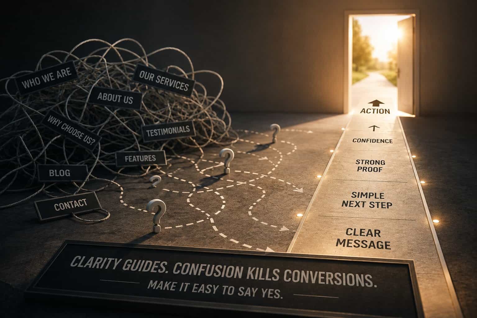 A tangle of competing website links on one side and a lit path reading clear message, simple next step, strong proof, confidence, action leading to an open door