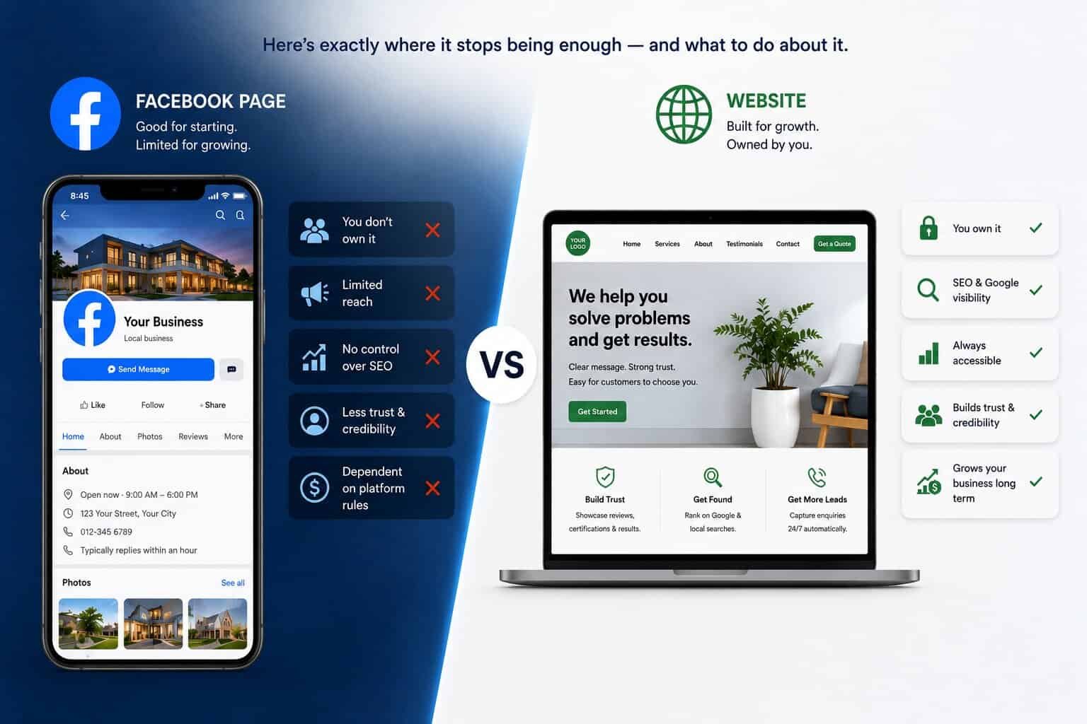 Facebook page versus website comparison — a phone showing a business Facebook page with its limitations beside a laptop showing a website homepage with its advantages