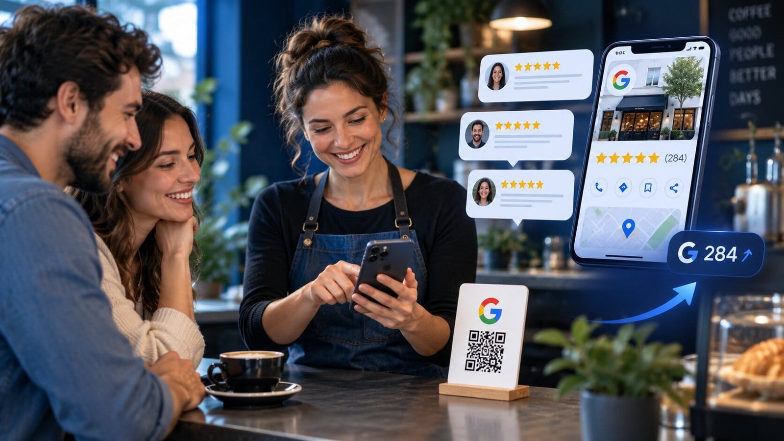 A café owner showing her phone to two smiling customers at the counter, beside a Google review QR code card on a wooden stand, with five-star review cards and a Google Business Profile listing whose review count is rising past 284