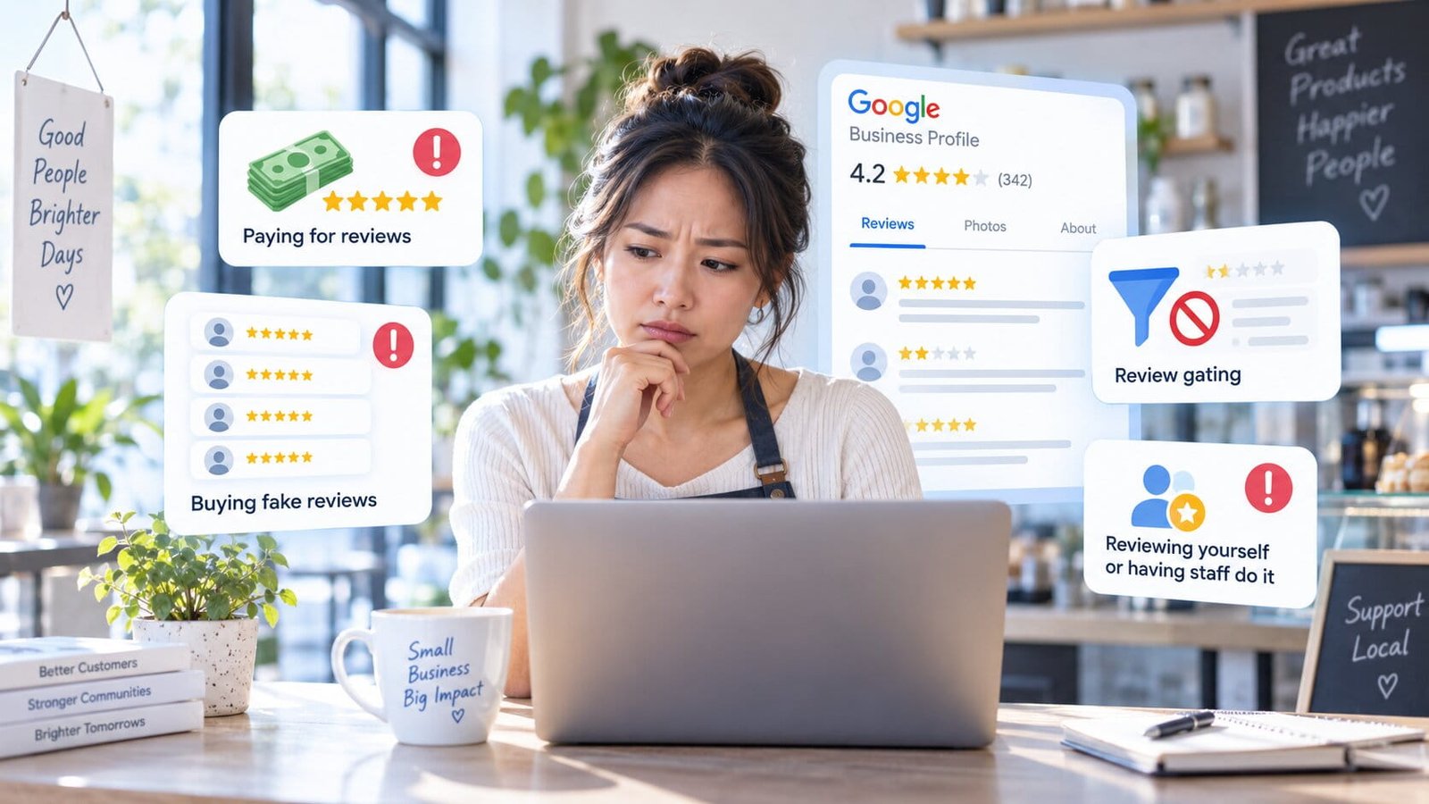 A worried café owner at her laptop looking at her Google Business Profile reviews, surrounded by warning cards for the four review shortcuts that breach Google policy — paying for reviews, buying fake reviews, review gating, and reviewing your own business or having staff do it