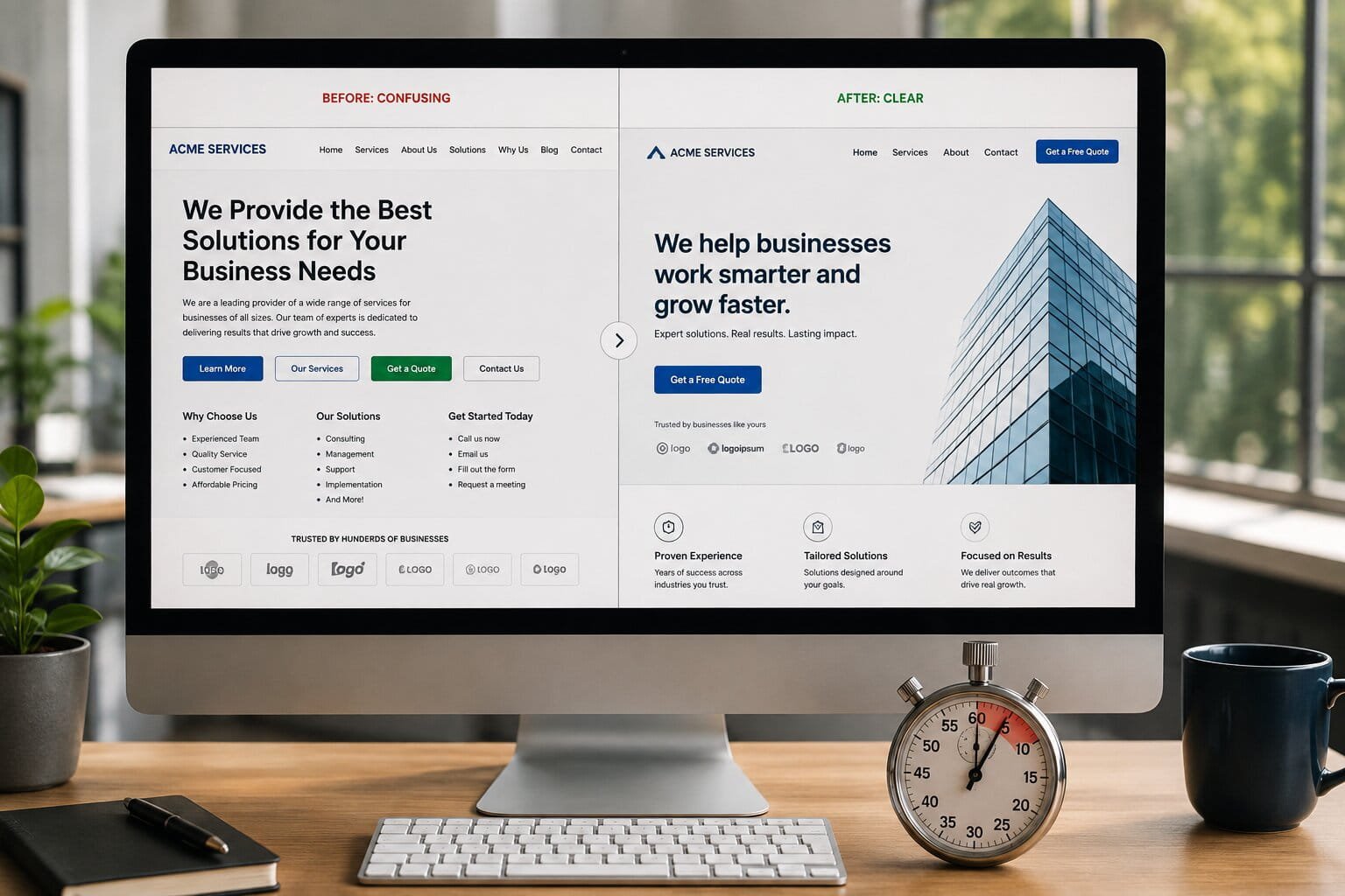 A split screen comparing a confusing homepage with four competing buttons against a clear homepage with one headline and a single call to action