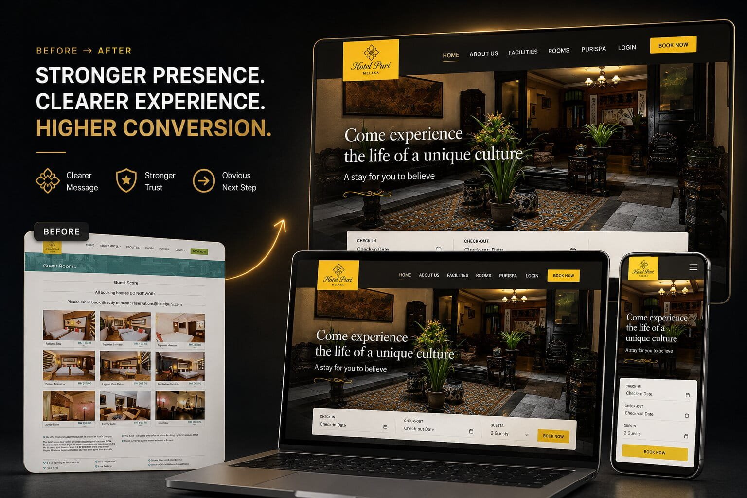 Hotel Puri Melaka website before and after the conversion redesign — stronger presence, clearer experience, direct booking