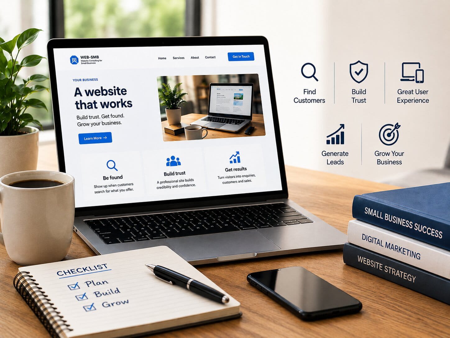 A small business website shown on a laptop beside notes on build trust, get found and grow your business