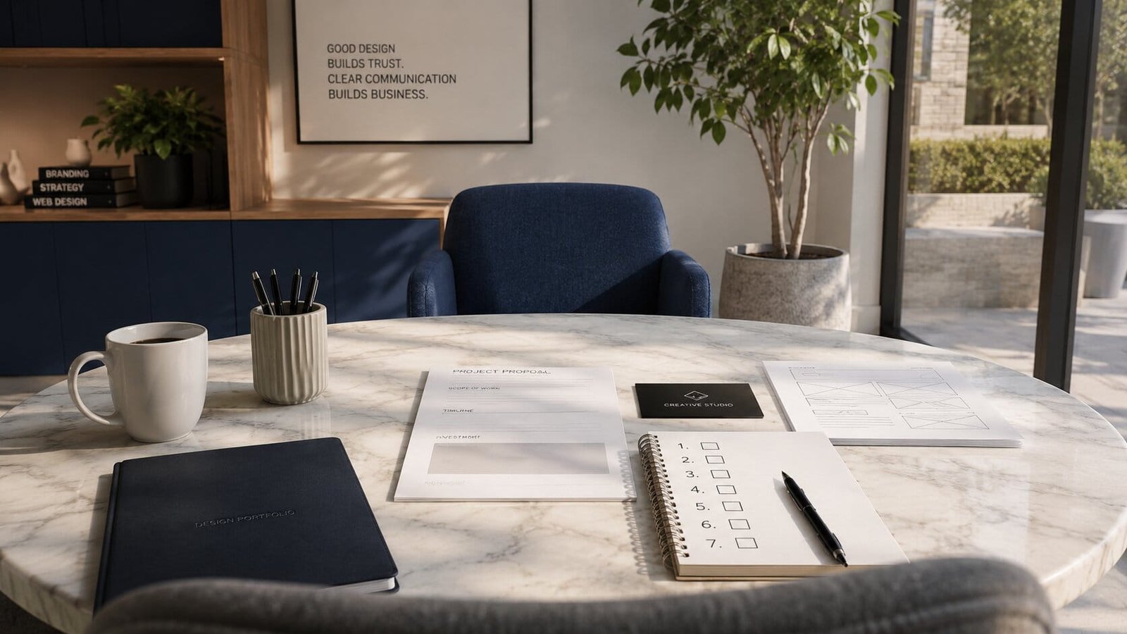 A meeting table with a design portfolio, project proposal and a seven-point hiring checklist for choosing a small business web designer