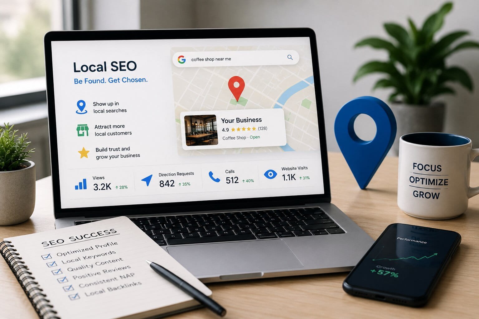 Laptop showing a Google Business Profile dashboard with map pin, star rating and insights for views, direction requests, calls and website visits