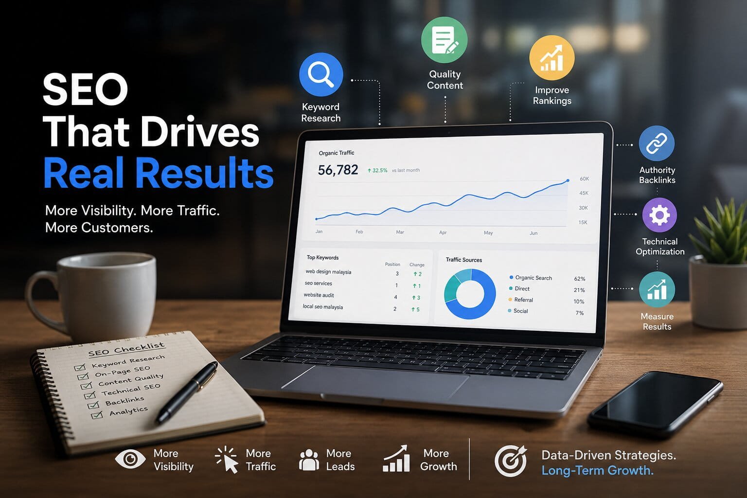 Laptop showing an SEO results dashboard with organic traffic up 32.5 percent to 56,782 visits, top keywords including local seo malaysia, and traffic sources, beside an SEO checklist notebook