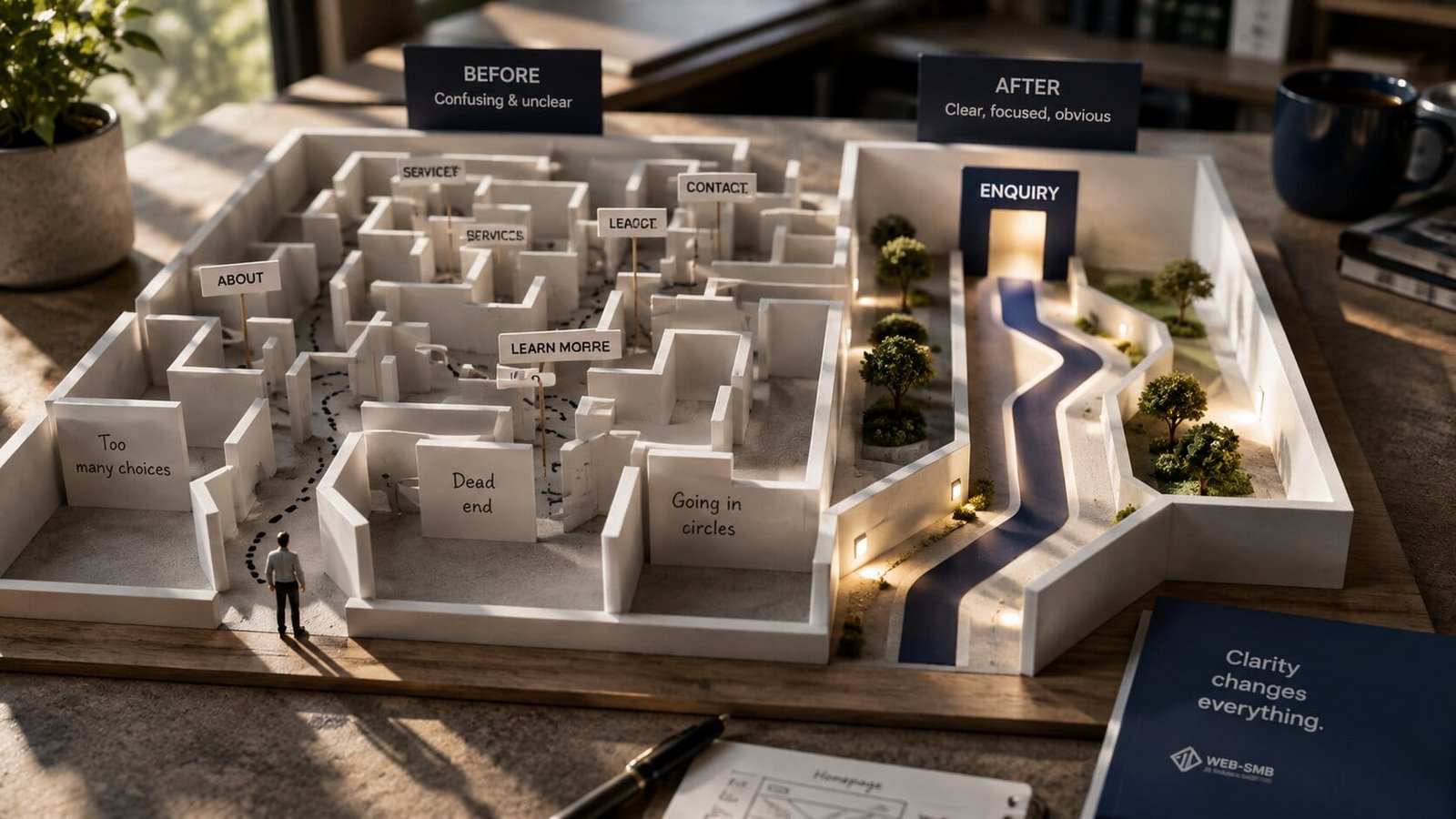 Architectural model contrasting two websites: on the left a confusing maze of dead ends and repeated Services, About and Learn More signs; on the right a single lit path leading straight to an Enquiry doorway
