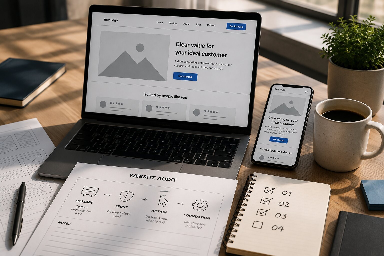 A laptop and phone showing a small business homepage wireframe beside a printed checklist reading message, trust, action, foundation