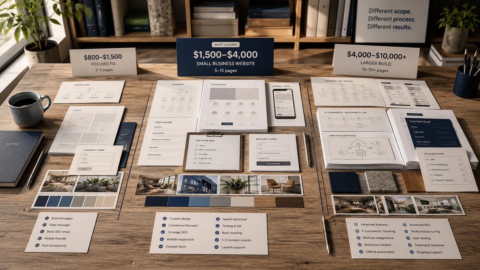 Three small business website redesign quotes laid out on a desk — an $800 to $1,500 focused fix, a $1,500 to $4,000 most chosen build, and a $4,000 to $10,000 larger build with wireframes and deliverables for each