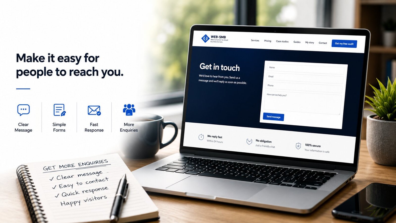 A laptop showing a simple Get in touch contact page with name, email, phone and message fields and reassurances reading we reply fast within 24 hours, no obligation and 100 percent secure, beside a get more enquiries notebook listing clear message, easy to contact, quick response, happy visitors