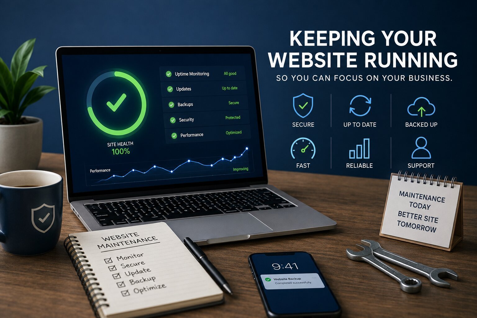 Website maintenance desk setup — a laptop showing a 100 percent site health dashboard with uptime monitoring, updates, backups, security and performance all green, a Website Maintenance checklist reading monitor, secure, update, backup, optimize, a phone confirming a completed website backup, spanners and a maintenance today better site tomorrow card