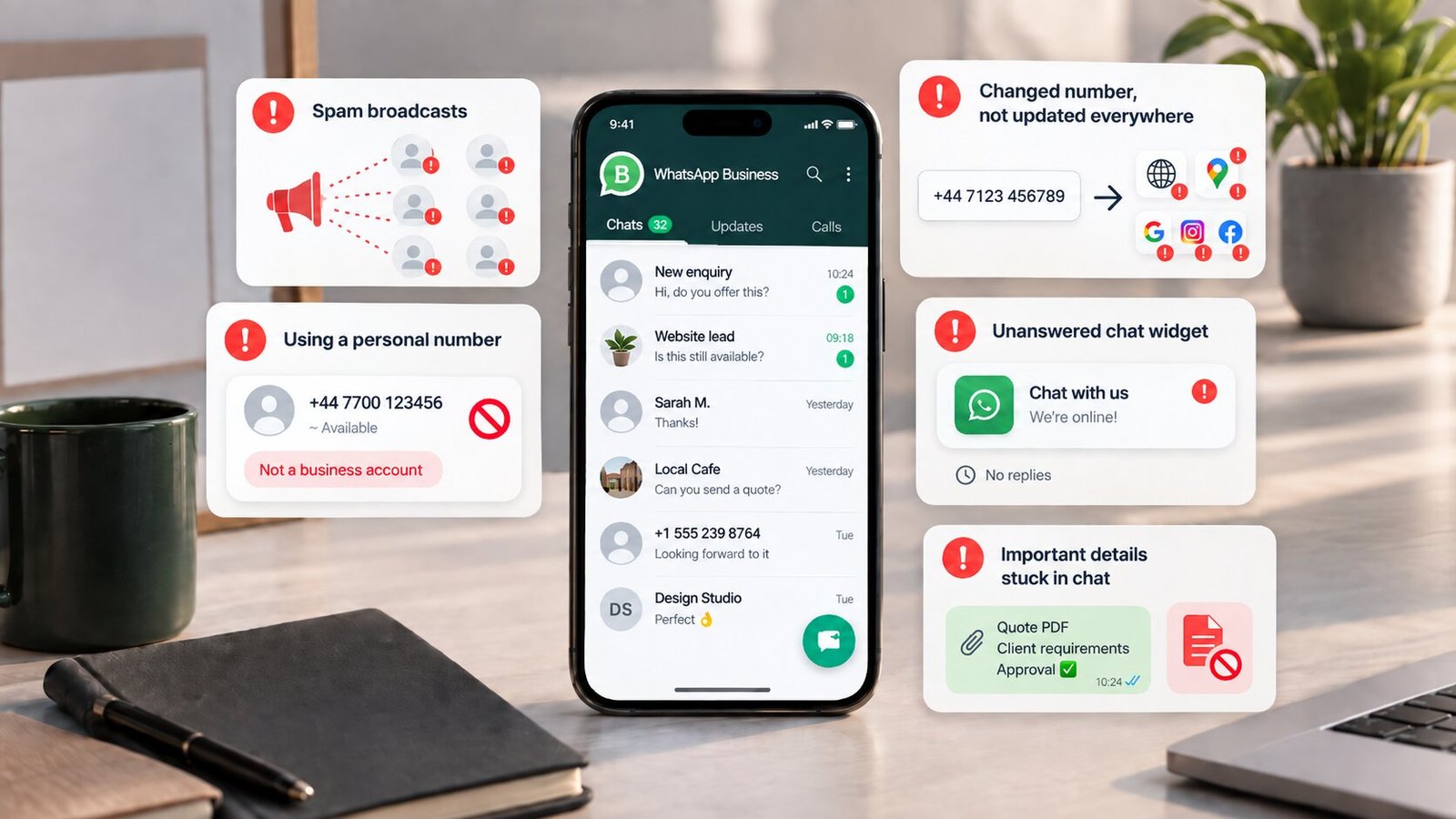 Five WhatsApp mistakes shown as warning cards around a business phone: spam broadcasts, using a personal number, a changed number not updated on the website and listings, an unanswered chat widget, and quotes and approvals left stuck in chat