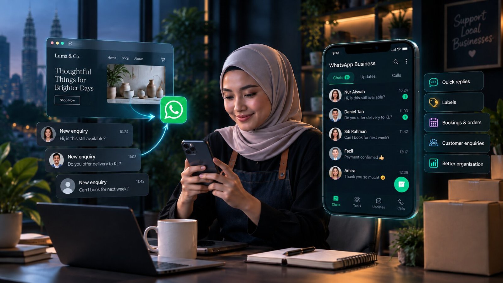A small business owner replying to WhatsApp enquiries at her desk, with her website linked by an arrow to the WhatsApp logo and a WhatsApp Business chat list beside her