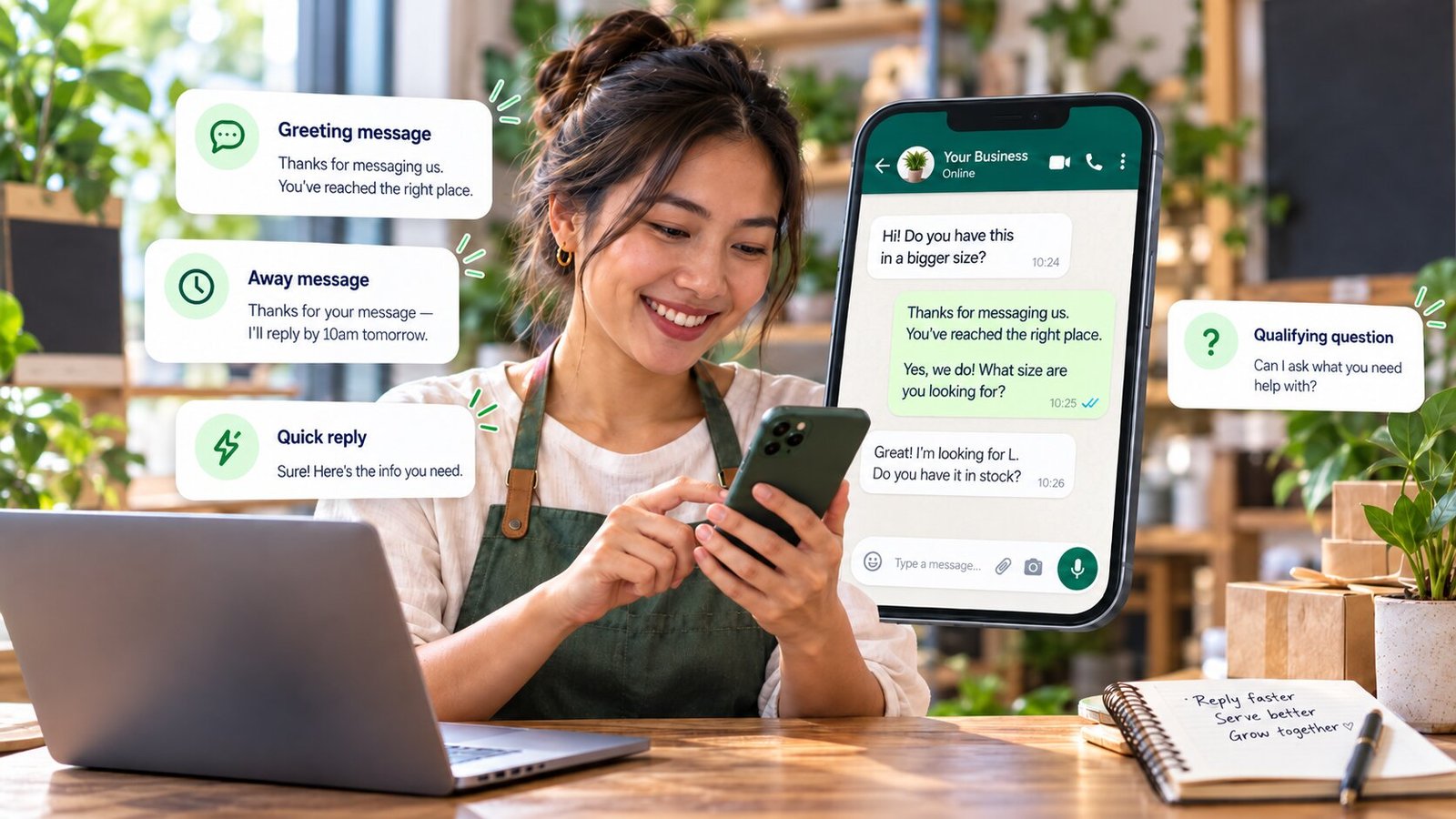 A shop owner answering an enquiry on her phone, with her WhatsApp Business greeting message, away message, quick reply and qualifying question shown as labelled cards around the chat